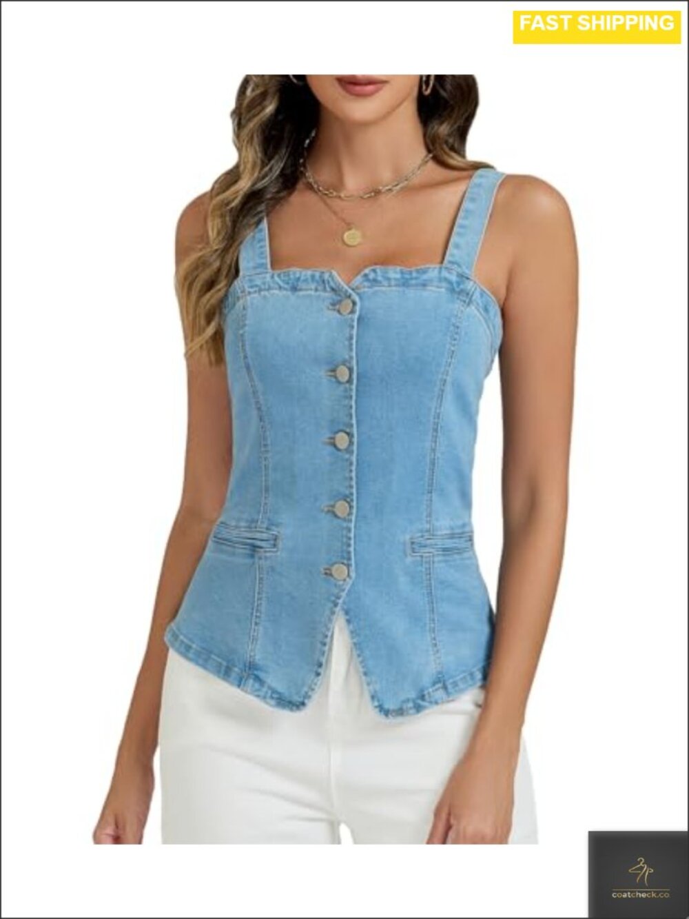 Stretchy Denim Vest Top Adjustable Straps Button Down Corset Tank